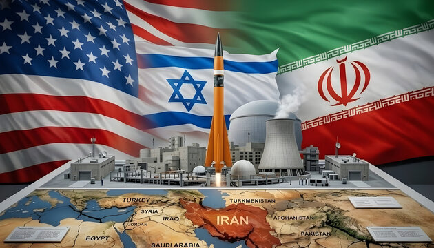 A powerful visual representation of the complex relationships between the USA, Israel, and Iran, featuring their national flags and a nuclear power plant with a missile.