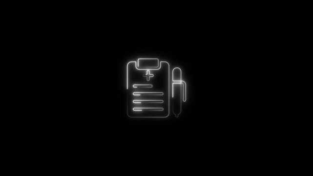 Neon clipboard and pen on black background with glowing white outline business document symbol with pencil