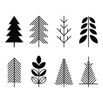 Assorted Stylized Black Tree and Plant Icons Featuring Geometric Outlines and Solid Shapes
