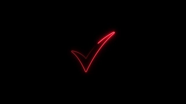 Glowing red checkmark on black background neon tick symbol for approval confirmation approval symbol
