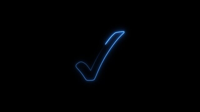 Glowing blue checkmark on black background confirmation symbol neon light neon checkmark verification approval sign
