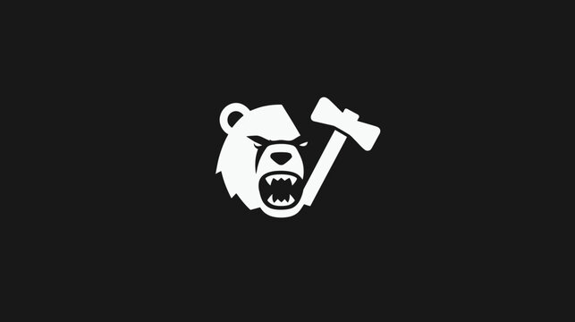 A white silhouette of an angry bear holding a hatchet against a black backdrop, simple and striking
