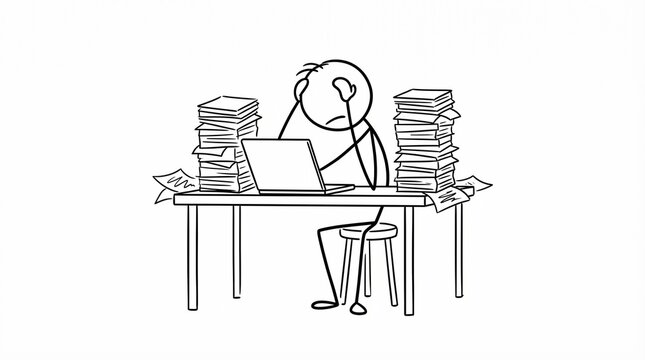 A person overwhelmed by paperwork works on laptop at cluttered desk