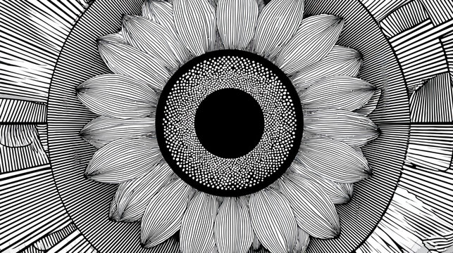 A stark, intricate black and white illustration of a sunflower with radial line work