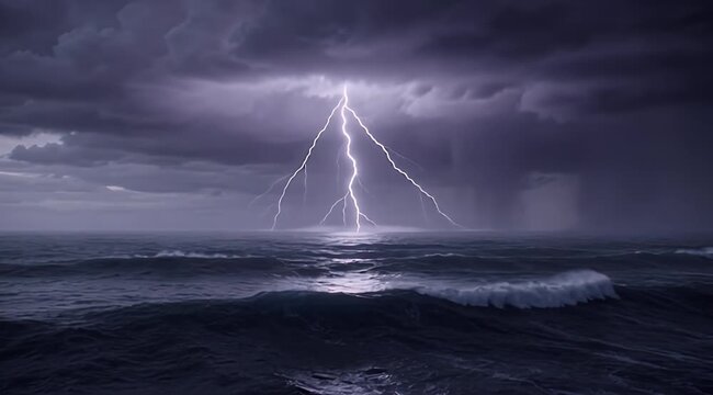 Vivid lightning strikes the turbulent ocean under dark, stormy skies