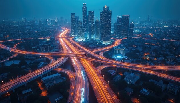 Aerial view of a busy city highway interchange at night. Bright car light trails weave through urban landscape, showing advanced traffic flow.