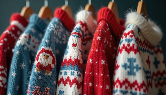Row of knitted winter sweaters with festive patterns. Colorful pullovers hang on wooden hangers. Traditional holiday apparel for cold weather. Warm cozy knitwear collection.