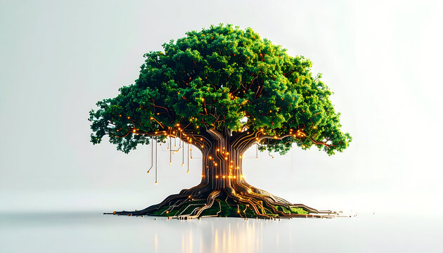 Circuit tree with glowing nodes digital network futuristic technology connection