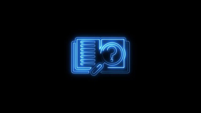 Neon question mark symbol on document with magnifying glass search blue glowing outline on black background