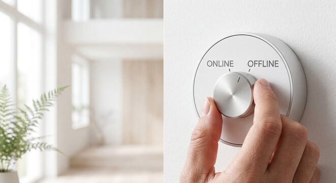 A hand turns a digital detox switch dial from online to offline for mental wellness and balance