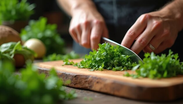 Hands chop fresh parsley on wooden board. Preparing healthy food ingredient for cooking. Close up chef cutting herb with knife in kitchen. Adding greens to meal prep.