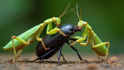 Obraz premium Two green praying mantises attack large black beetle. Insects fight on ground with blurred green background. Macro wildlife scene shows nature predation.