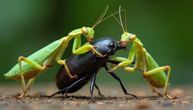 Two green praying mantises attack large black beetle. Insects fight on ground with blurred green background. Macro wildlife scene shows nature predation.