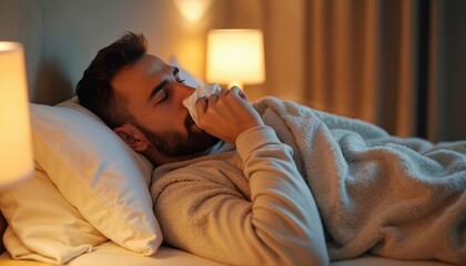 Obraz premium Man feels sick in bed, covers face with tissue. He has cold or flu symptoms, rests at night with soft blanket and warm light. Needs rest and care.
