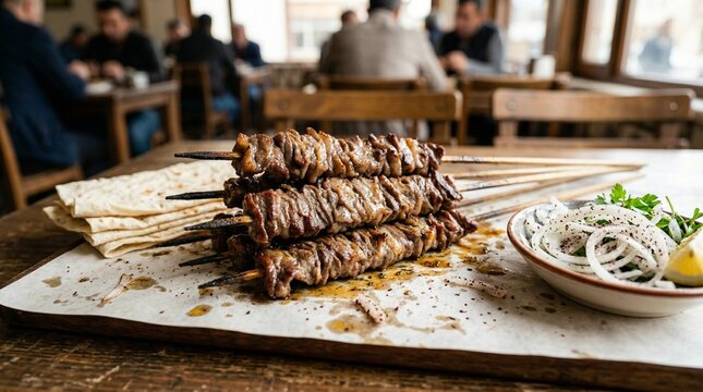 Erzurum Cag Kebab Skewers with Sliced Lamb and Flatbread