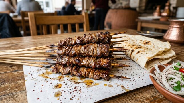 Erzurum Cag Kebab Skewers with Sliced Lamb and Flatbread
