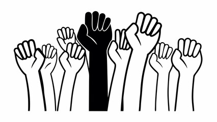 Fototapeta premium Minimalist Line Art Illustration of Diverse Hands Raised in Unity, Symbolizing Social Justice and Activism, Suitable for Posters and Awareness Campaigns.