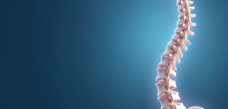 Human spine with detailed vertebrae structure against a blue gradient background. Shows bone anatomy, medical science, and body support. Represents health, posture, and skeletal system elements.