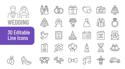 Editable wedding line icons set for design projects and presentations © jannat Stock
