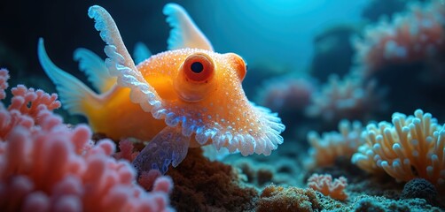 Obraz premium Bright orange cuttlefish swims in vivid blue ocean water over colorful coral. Small marine animal with big eyes floats near sea anemone. Underwater world teeming with life. Ocean floor scene.