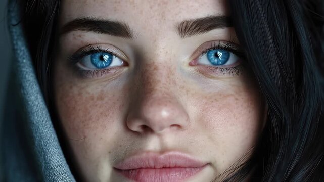 Young woman with striking blue eyes and freckles gazes intensely while wrapped in a soft fabric, showcasing her unique look in a subdued lighting environment
