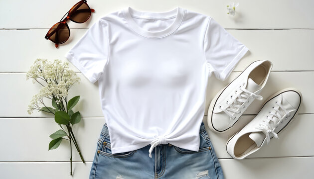 Flat lay outfit with white t shirt tied at waist and denim shorts. Includes sunglasses and white sneakers. Casual summer women style or fashion mockup.