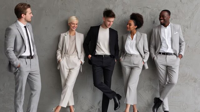 Confident business team dressed in modern smart attire posing together against a grey wall in a bright office setting during daylight hours