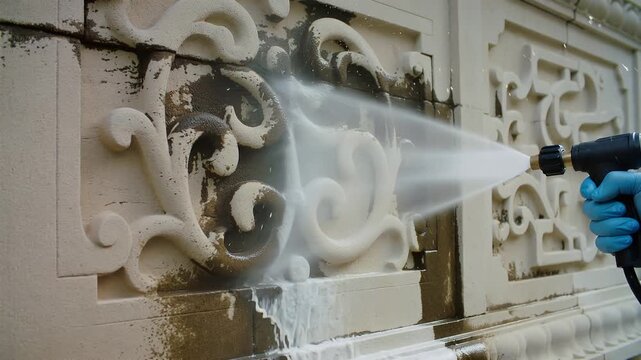 Cleaning of decorative wall using high pressure water in an urban area during daylight hours to remove dirt and grime