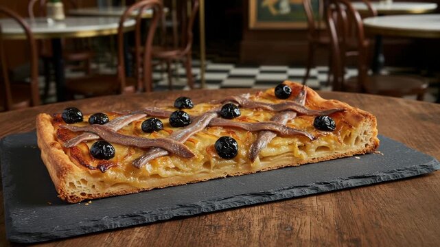 Traditional Proven&ccedil;al Pissaladi&egrave;re tart with caramelized onions, anchovies, and black olives on a slate platter. Authentic French gourmet appetizer food concept.