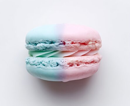 Overhead view of a delicate pastel macaron with smooth rounded shell and soft cream filling in a whimsical French patisserie style