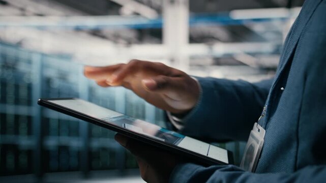 Using AI software, tablet close up and engineer in data center optimizing performance and forecasting issues. Automating operations, artificial intelligence and programmer in data center , camera A