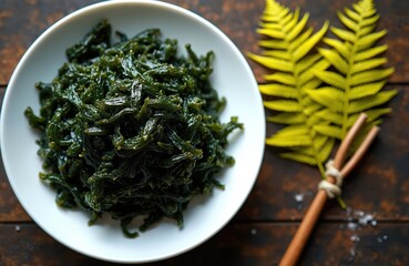 Plate of green seaweed on rustic wood table. Two fern leaves and wooden chopsticks nearby. Small salt crystals scattered on surface. Healthy ocean food preparation.