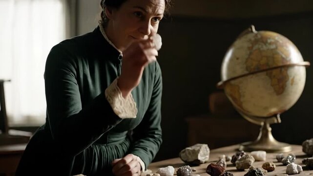 Antique globe and rock samples on table, dark moody academia