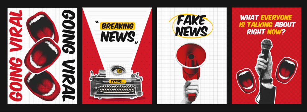 Viral fake news halftone collage set with megaphone, microphone and mouth. Bold retro posters about breaking news, gossip and social media trends in pop art newspaper style.