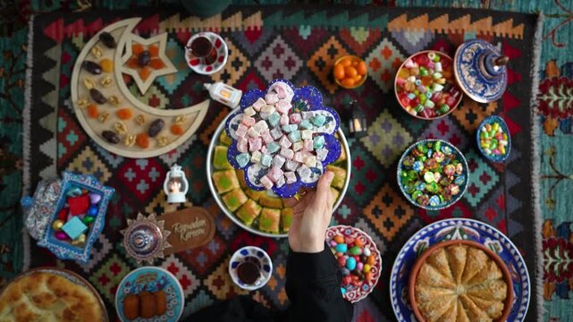 Ramadan Iftar Table Concept Vide, Iftar Table with Traditional Food. Fasting ends with Dates. Ramadan Feast Celebrations, Eid Mubarak Concept Uskudar Istanbul, Turkiye (Turkey)

