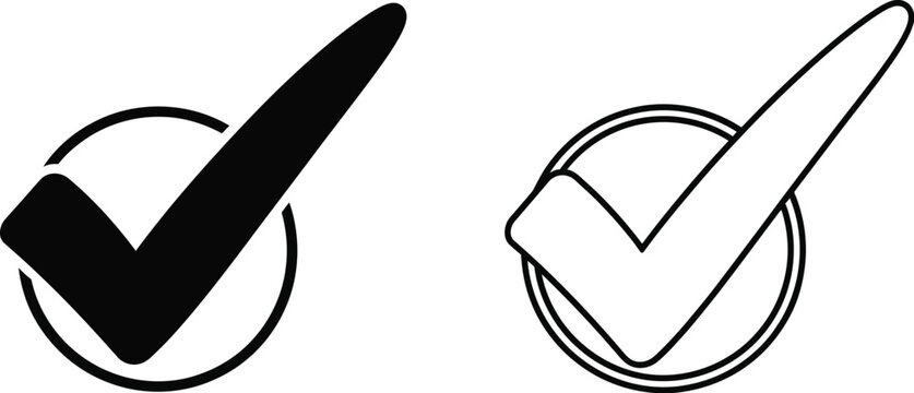 Set of 2 Check Mark Icons Vector: Black Solid and Outline Checkmark Symbols in Circles for Approval, Completion, and Success