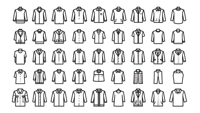 Clothing outline icons vector set with shirts jackets dresses pants and casual apparel line art collection