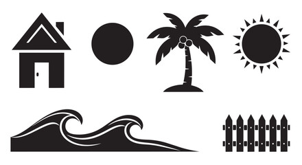 Black silhouettes of house, palm tree, sun, wave, and fence on white background © Sakib