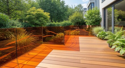 Obraz premium Modern wooden terrace with amber glass railing in suburban garden. Outdoor deck flooring with contemporary design. Architectural exterior of luxury house for leisure and recreation.