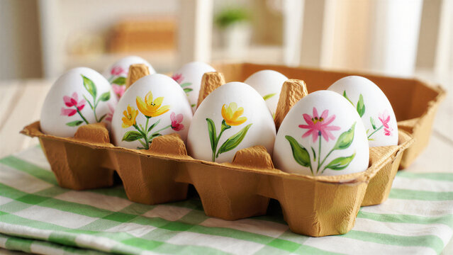 Painted floral easter eggs in a kraft carton, spring table setting, pastel watercolor blossoms, craft activity, holiday brunch centerpiece, family tradition, dyed eggs, kitchen scene, decor