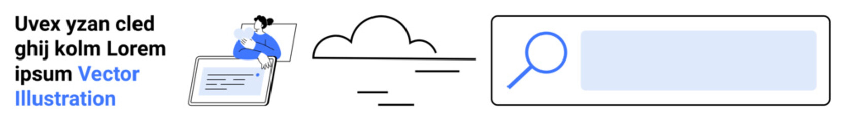 Obraz premium Digital communication, cloud-based storage, data management, search tools, online services, technology innovation. Person accessing data, cloud icon and search bar. Data management and digital