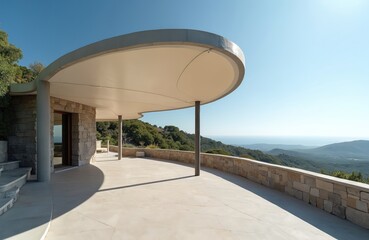 Fototapeta premium Modern luxury villa with curved canopy overlooks green hills and blue ocean. Stone columns support white roof. Estate has open terrace with scenic landscape view.