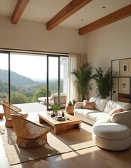 Fototapeta premium Modern living room with large window overlooking forest hills. White sectional sofa, wicker chairs, wooden coffee table with books. Natural light brightens spacious apartment.