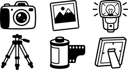 Minimalist line art flat design camera gear icons set showing camera tripod flash film frame photo print