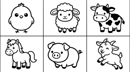 Obraz premium Line art grid close up of six cute farm animal icons chick sheep cow horse pig goat in black outline style