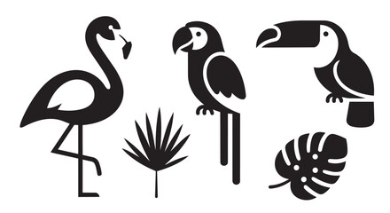 Fototapeta premium Tropical birds and plants vector illustration set with flamingo and toucan designs
