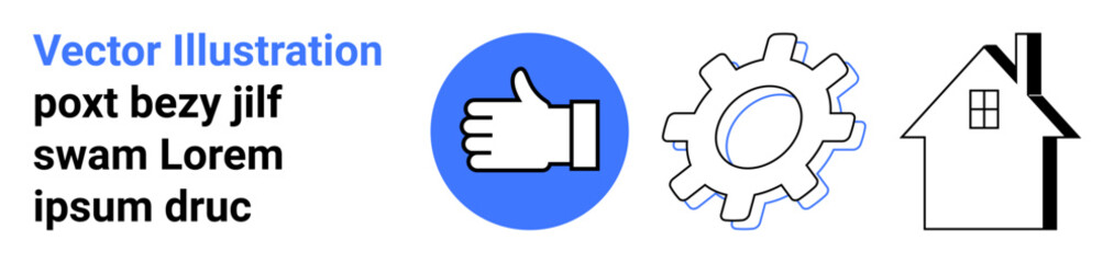 Obraz premium Business, technology, home services, positive feedback, teamwork, housing solutions. Thumbs up, gear and house outline design. Positive feedback and home services concept