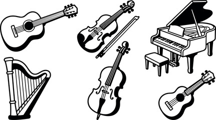 Line art vector set showing angled acoustic guitars, violin with bow, cello, harp and grand piano on bold white background