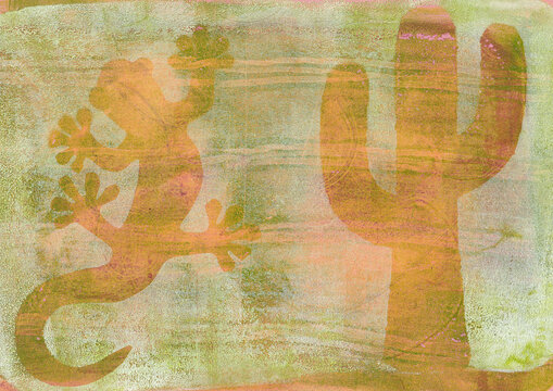 Abstract Monoprint with gecko and cactus Gel Plate Illustration with Organic Textures and Layered Acrylics A unique, hand-printed monoprint created using a gel plate and brayer. 