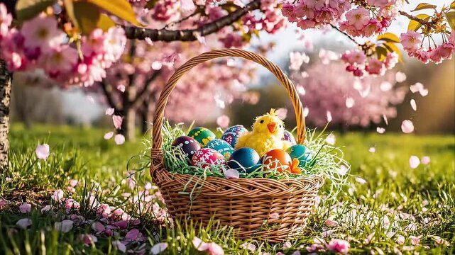 Easter day celebration with eggs and chick in a wicker basket under blooming trees on a sunny day